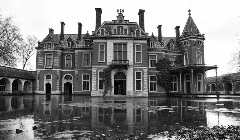 Château en briques et en pierre, délaissé dans une cour humide où l’eau et la végétation gagnent les façades.