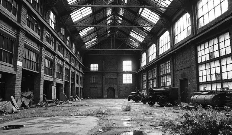 Ancienne papeterie industrielle, avec ses machines rouillées et ses bâtiments de briques ouverts aux intempéries.