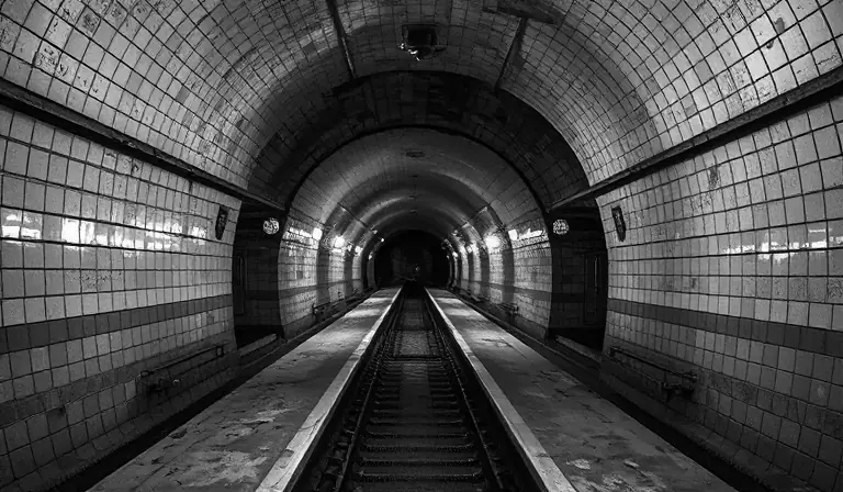 Station de métro souterraine abandonnée, avec ses quais carrelés et ses rails rouillés plongés dans la pénombre.
