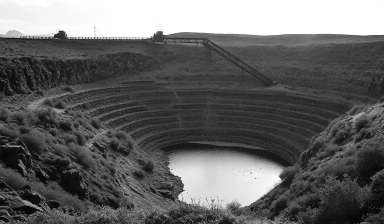 Ancienne carrière d’ardoise à ciel ouvert, avec ses gradins rocheux, ses bassins et ses vestiges métalliques.