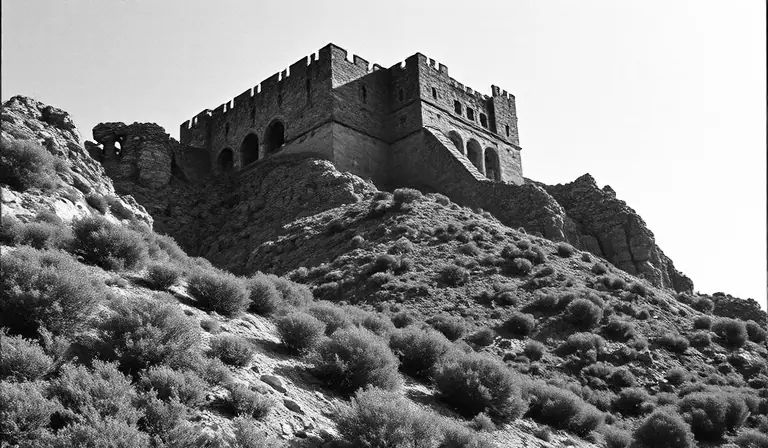 Forteresse de montagne en pierre, accrochée à la pente et éclairée par une lumière froide.