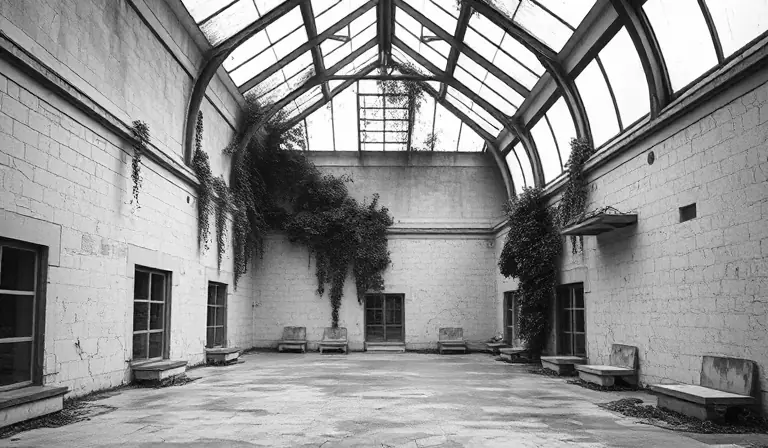 Le vaste hall délabré d’un ancien établissement thermal, envahi par l’humidité et la végétation.