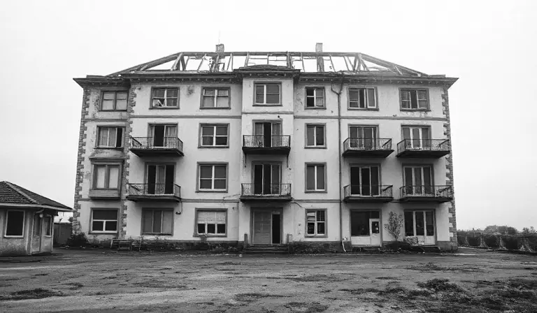 Ancien sanatorium côtier aux façades dégradées, noyé dans la brume et la végétation.