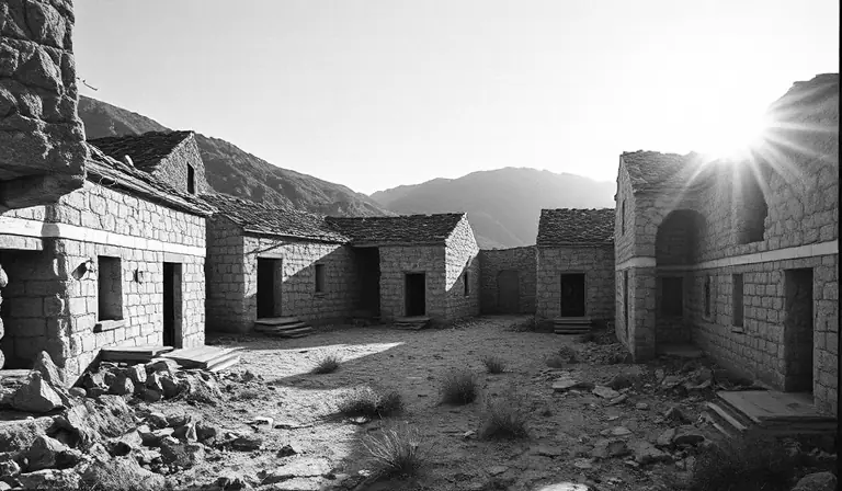 Cour d’un hameau abandonné, bordée de maisons en pierre aux toitures effondrées.