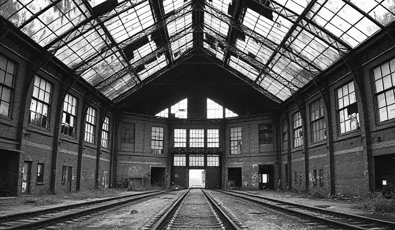 L’intérieur circulaire d’une rotonde ferroviaire abandonnée, avec ses voies rouillées et ses verrières brisées.