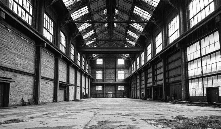 Ancienne halle métallurgique, où les structures d’acier rouillées dominent un sol envahi par les herbes.