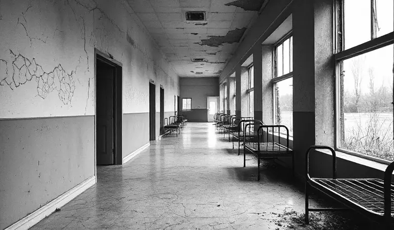 Long couloir d’hôpital abandonné, marqué par les murs écaillés, le béton et les fenêtres brisées.