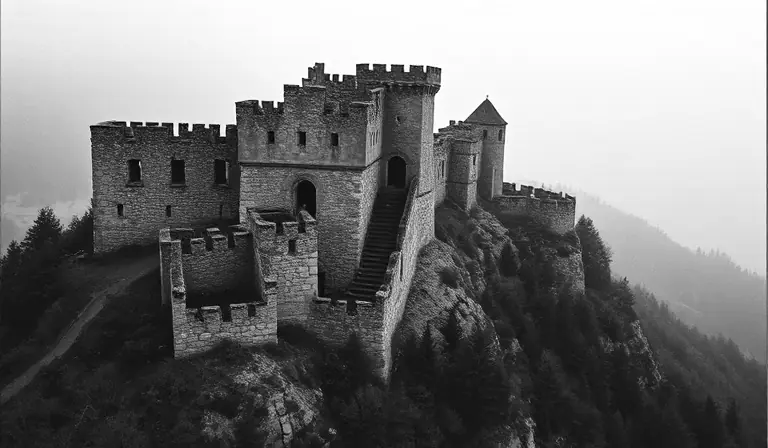 Forteresse médiévale en pierre dominant un ravin brumeux, avec ses remparts partiellement effondrés.
