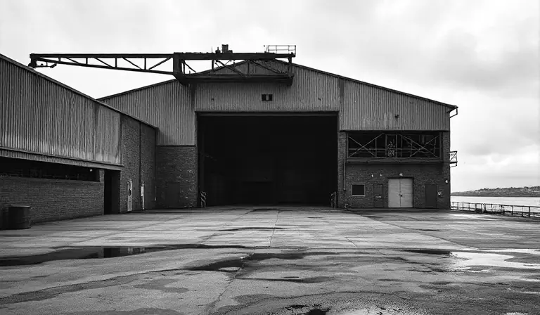Ancien hangar de chantier naval en bord d’eau, dominé par une structure métallique rouillée.