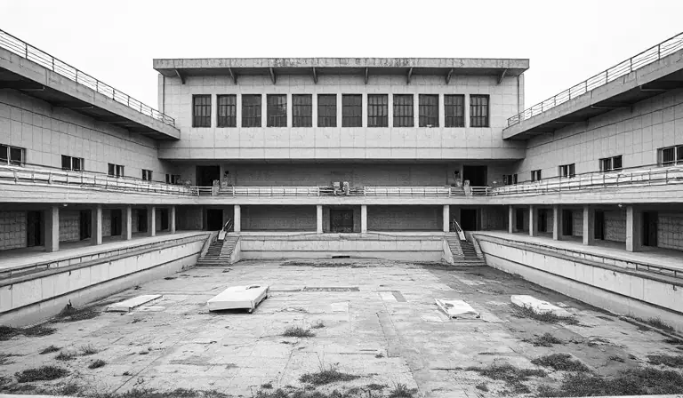 Le bassin vide d’une piscine municipale abandonnée, entouré de gradins en béton et de verrières brisées.