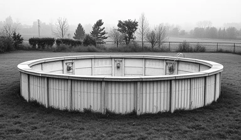 Piscine abandonnée à la voûte arrondie, dont les panneaux translucides sont partiellement brisés.