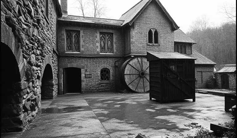 Ancien moulin en pierre et en brique, avec sa roue rouillée et ses planchers effondrés.