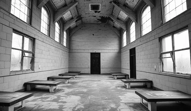 L’intérieur carrelé d’une ancienne morgue abandonnée, éclairé par des fenêtres opaques et brisées.