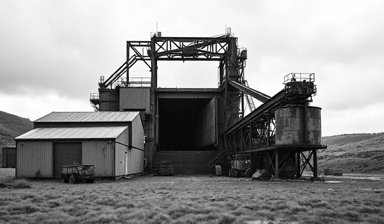 D’anciennes installations minières en acier rouillé et en tôle, perdues dans une clairière humide.