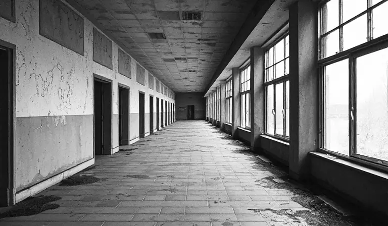 Long couloir d’ancien sanatorium, éclairé par une lumière froide derrière des vitres brisées.