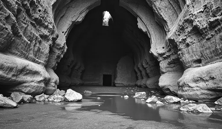 Ancienne carrière souterraine aux voûtes de pierre, aux blocs effondrés et aux flaques d’eau.