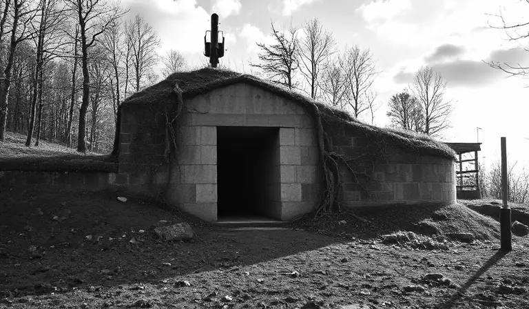 Fortification abandonnée en béton et en pierre, dissimulée sous un talus boisé.